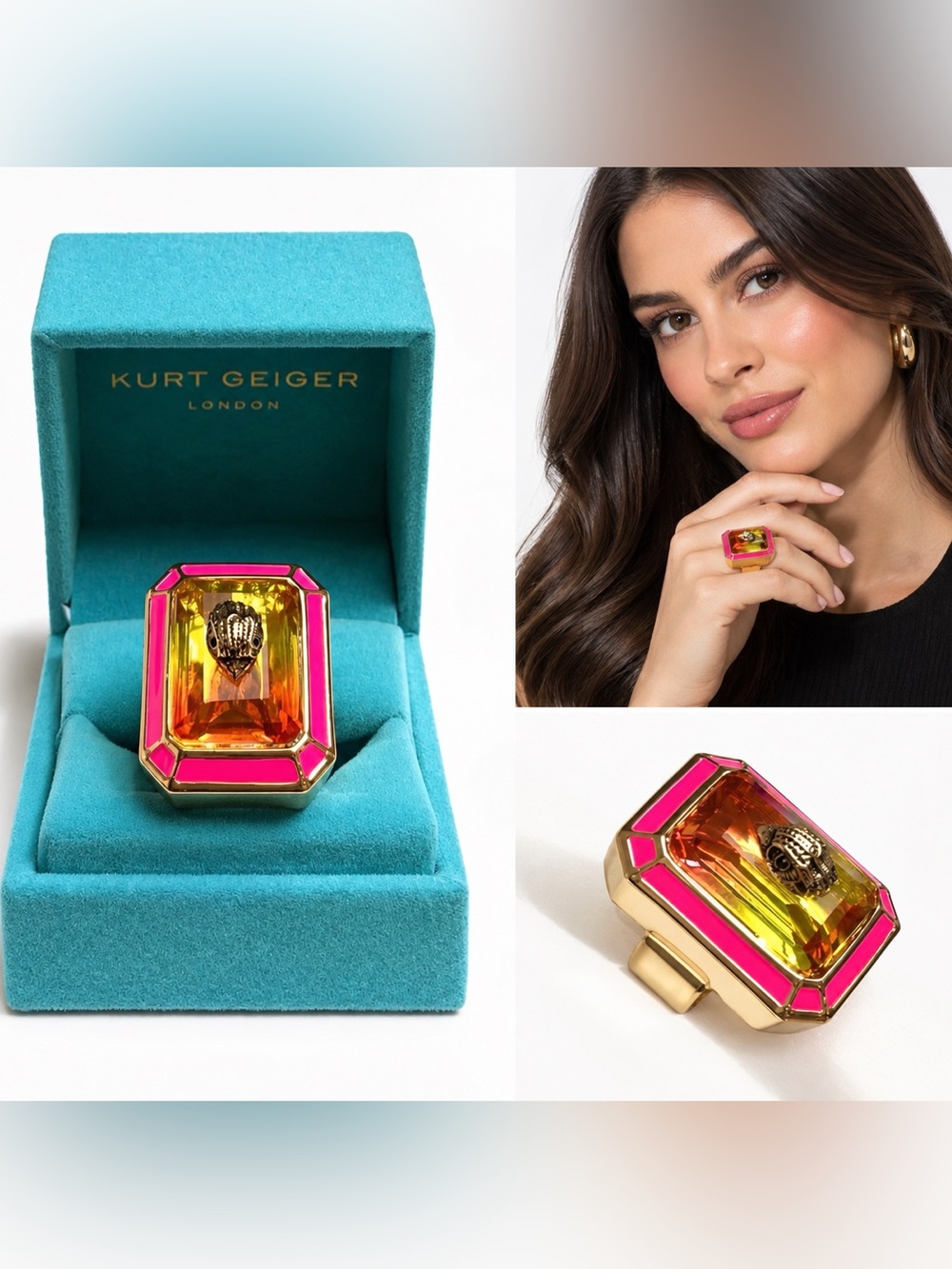 Kurt Geiger XL Cocktail Gold-Tone Ring with Pink  Enamel NEW Sz 8